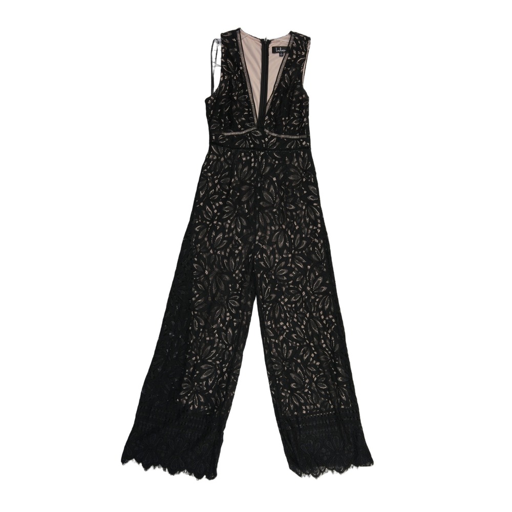 New Lulus Black Floral Lace Jumpsuit Women's Size Small Wide Leg Nude Lined